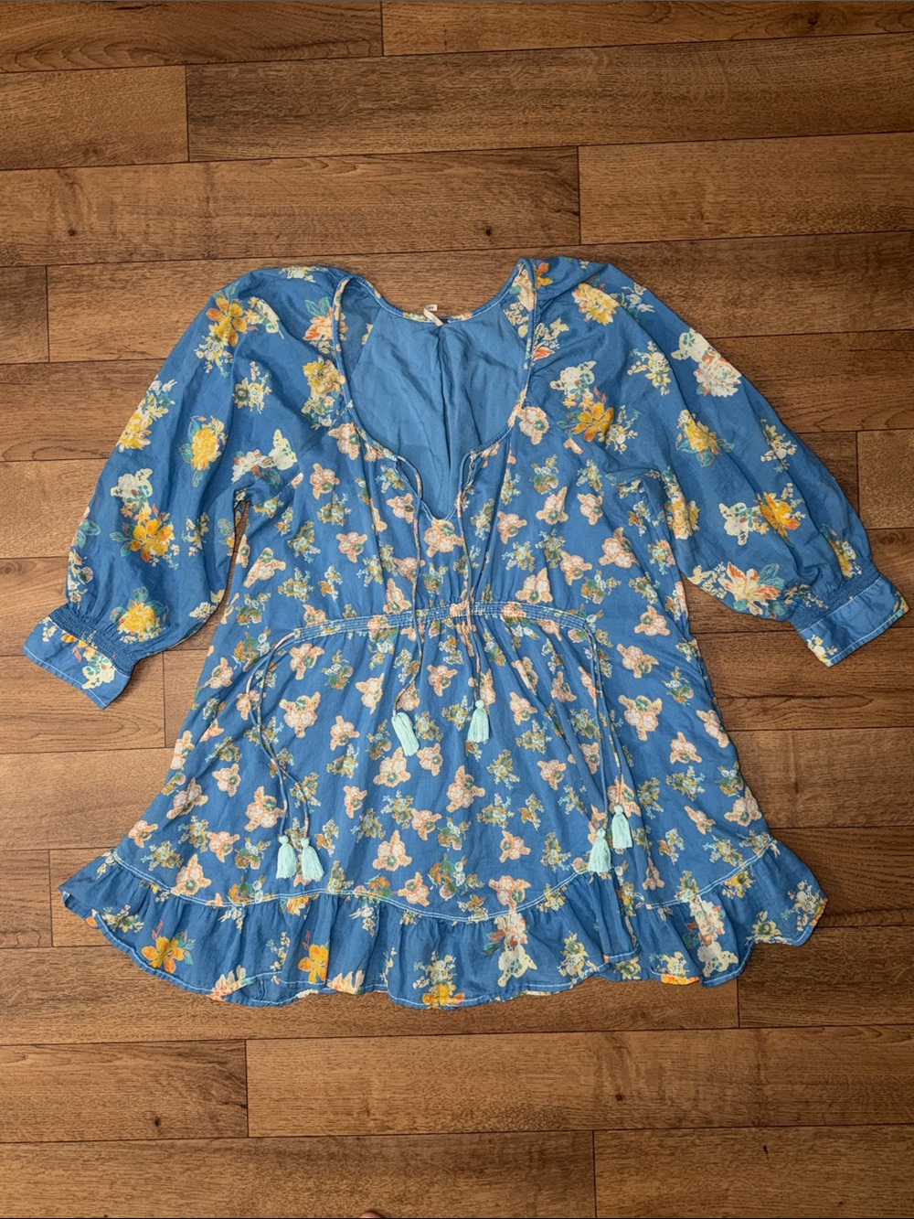 Free People Size Medium Camella Floral Print Mini Dress Tassels Babydoll Soft M